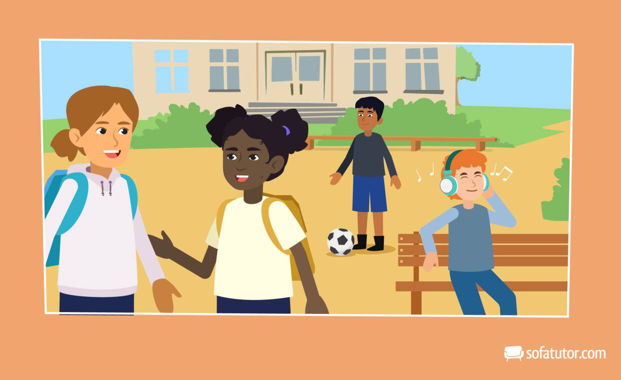 Vier Kinder auf einem Schulhof: zwei Mädchen im Gespräch, ein Junge mit Fußball und ein Mädchen mit Kopfhörern auf einer Bank – Szene zur Einführung der Personalpronomen im Singular (je, tu, il, elle)
